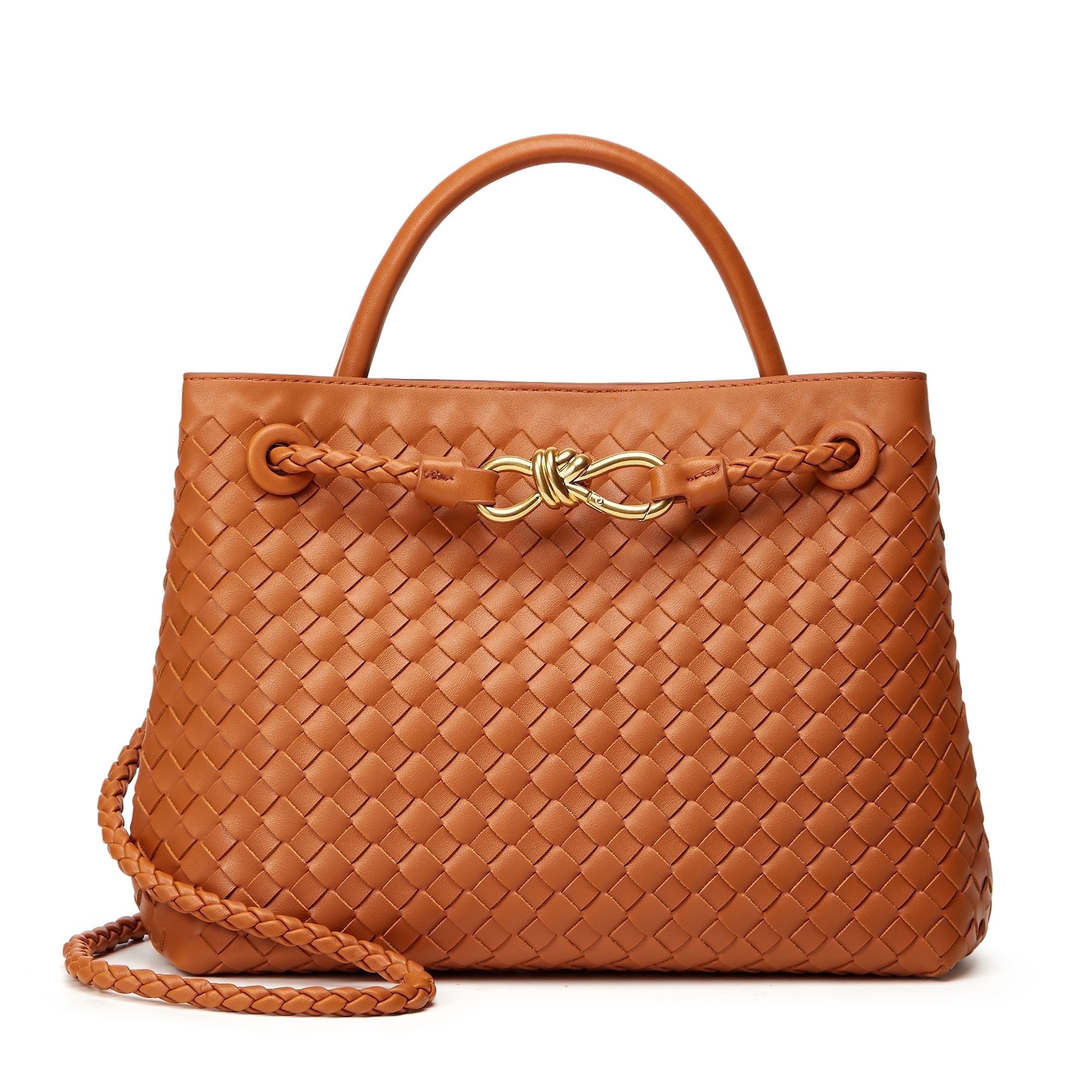 Woven Bag for Women Shoulder Purse: Vegan Leather Handbag - Handmade Tote Bag - Elegant Satchel Bag with Bowknot (Brown Color)