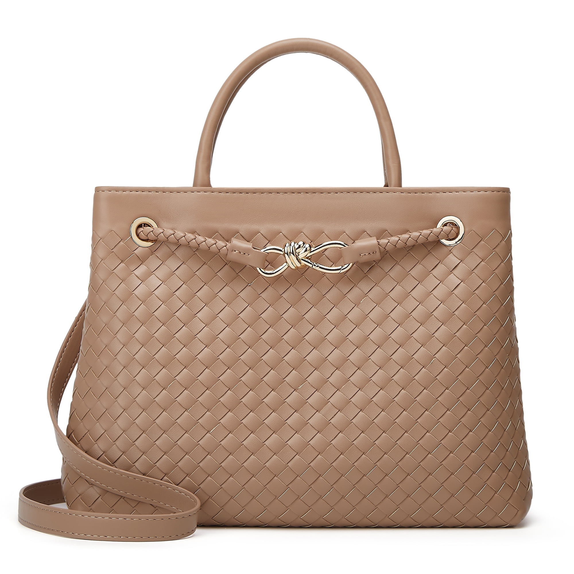 Woven Bag for Women Shoulder Purse: Vegan Leather Handbag - Handmade Tote Bag - Elegant Satchel Bag with Bowknot (Khaki Color)