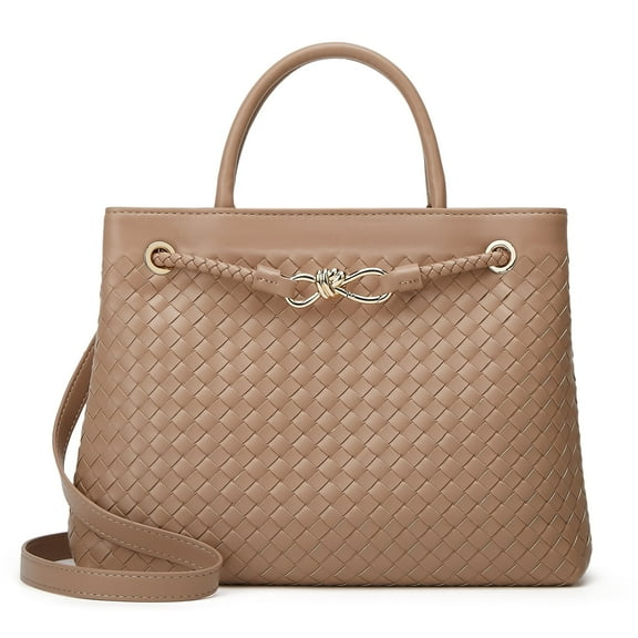 Woven Bag for Women Shoulder Purse: Vegan Leather Handbag - Handmade Tote Bag - Elegant Satchel Bag with Bowknot (Khaki Color)