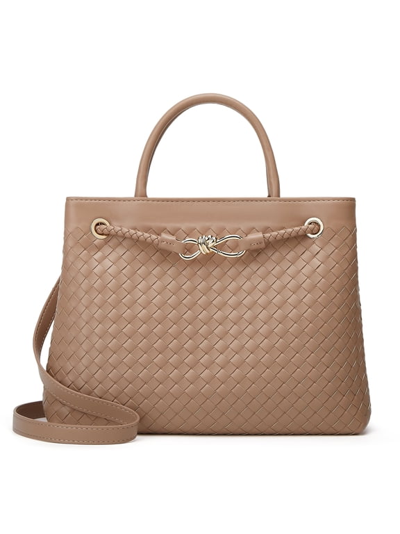 Woven Bag for Women Shoulder Purse: Vegan Leather Handbag - Handmade Tote Bag - Elegant Satchel Bag with Bowknot (Khaki Color)