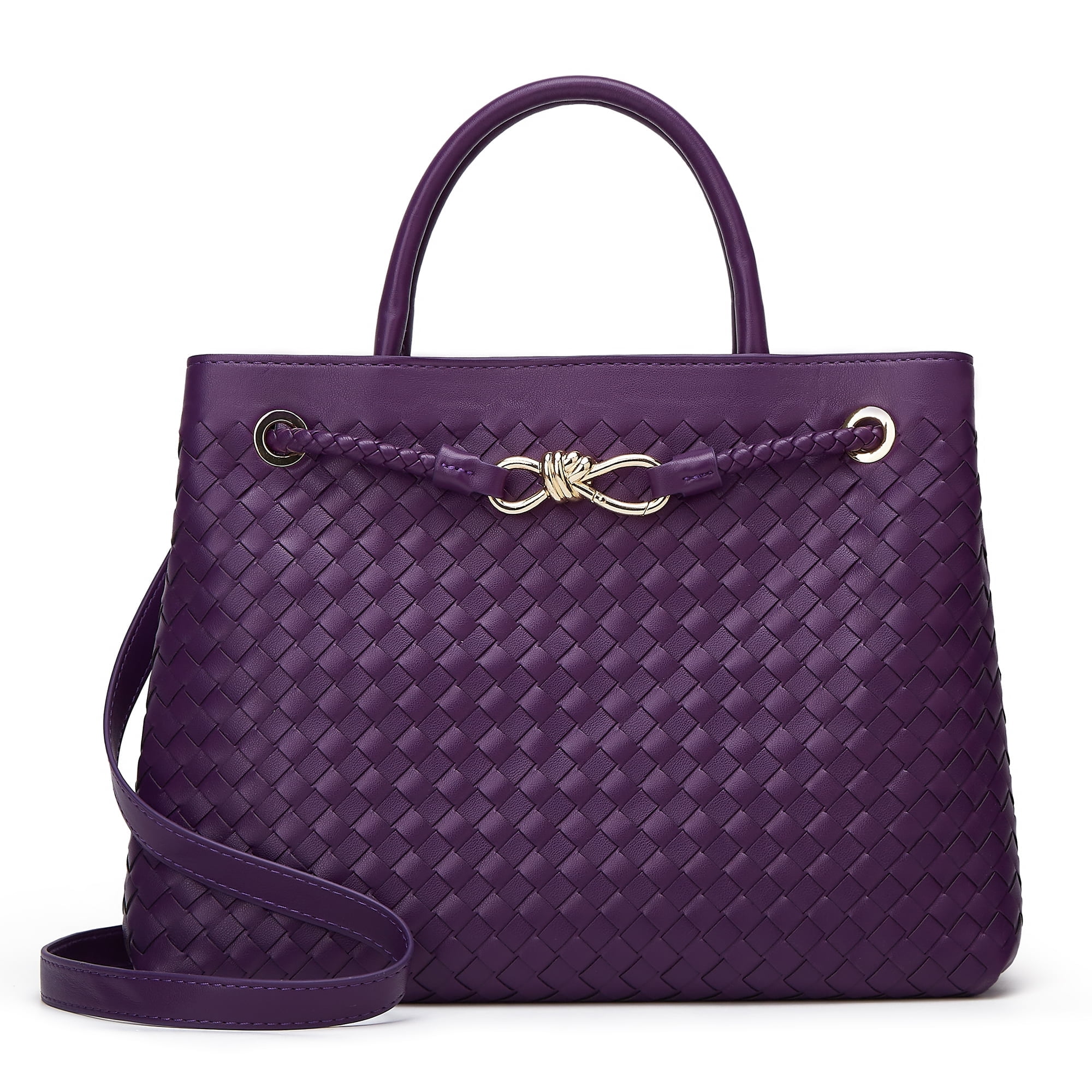 Woven Bag for Women Shoulder Purse: Vegan Leather Handbag - Handmade Tote Bag - Elegant Satchel Bag with Bowknot (Purple Color)