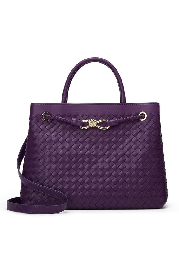 Woven Bag for Women Shoulder Purse: Vegan Leather Handbag - Handmade Tote Bag - Elegant Satchel Bag with Bowknot (Purple Color)