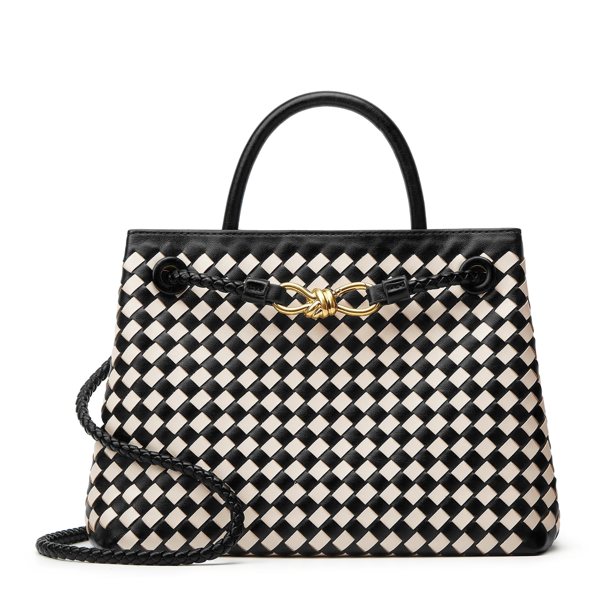 Woven Bags for Women Crossbody Handbag: Vegan Leather Small Tote Purse - Trendy Shoulder Handbags and Purses - Bowknot Satchel Purses (Black+Seashell Color)