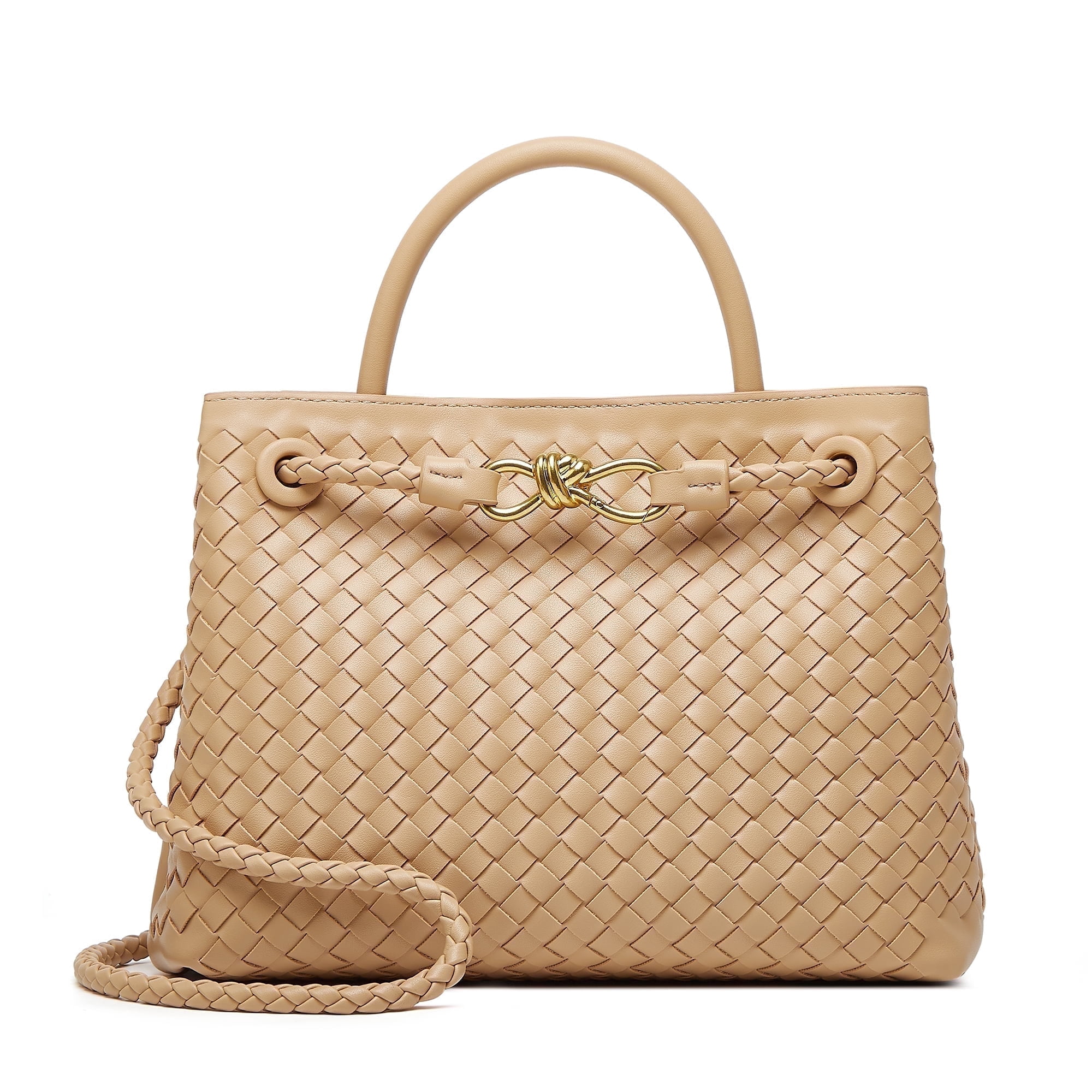 Woven Bags for Women Crossbody Handbag: Vegan Leather Small Tote Purse - Trendy Shoulder Handbags and Purses - Bowknot Satchel Purses (Apricot)