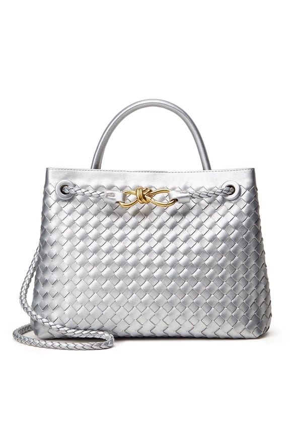 Woven Bags for Women Crossbody Handbag: Vegan Leather Small Tote Purse - Trendy Shoulder Handbags and Purses - Bowknot Satchel Purses (Silver)