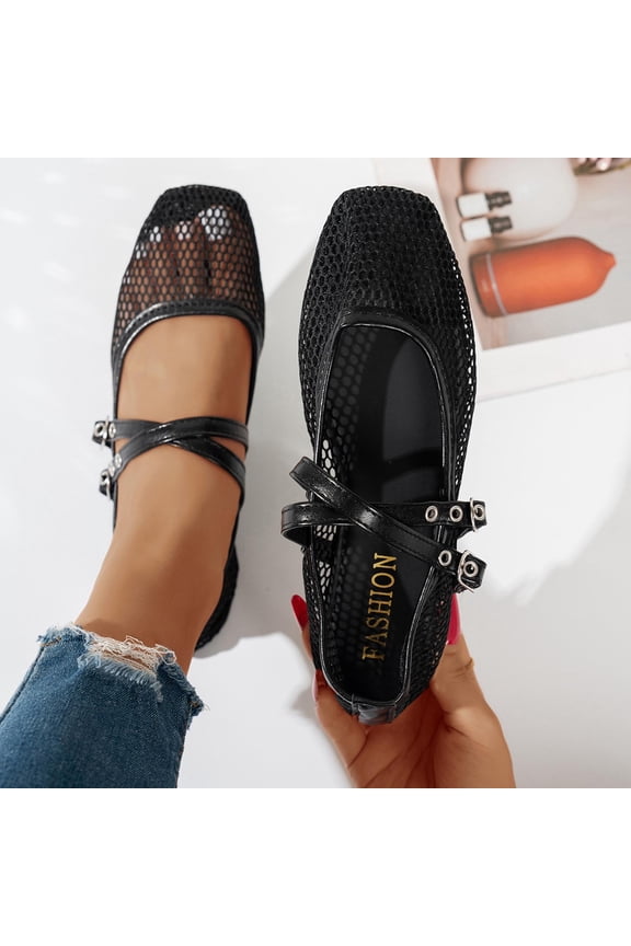 Woven Ballet Flats Mesh Mary Jane Flats for Women Dressy Comfortable Ballerina Flat Round Toe Buckle Strap Mesh Shoes Casual Mary Janes Black A 8.5