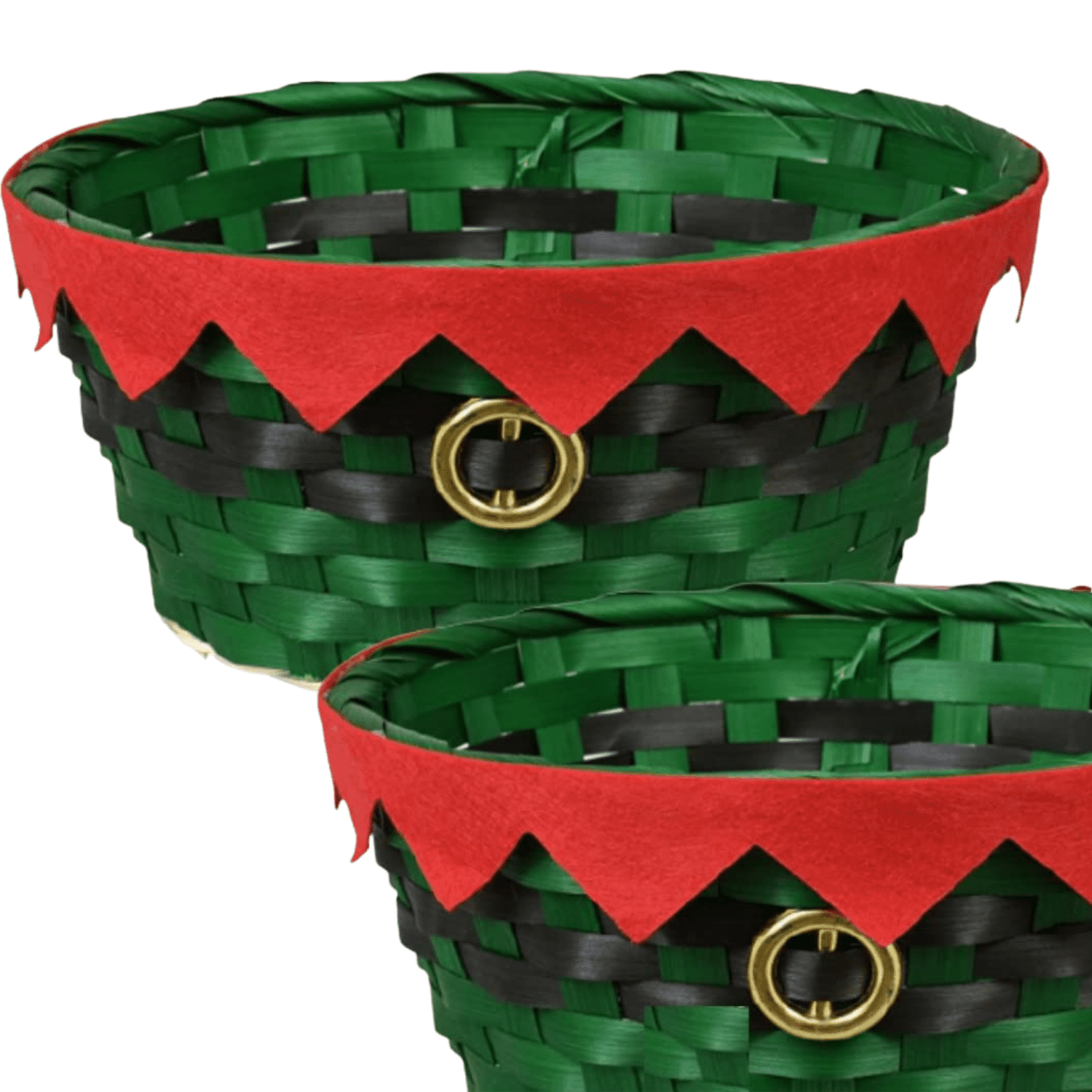 Woven Bamboo Holiday Themed Baskets Green Elf Round Wicker Woven