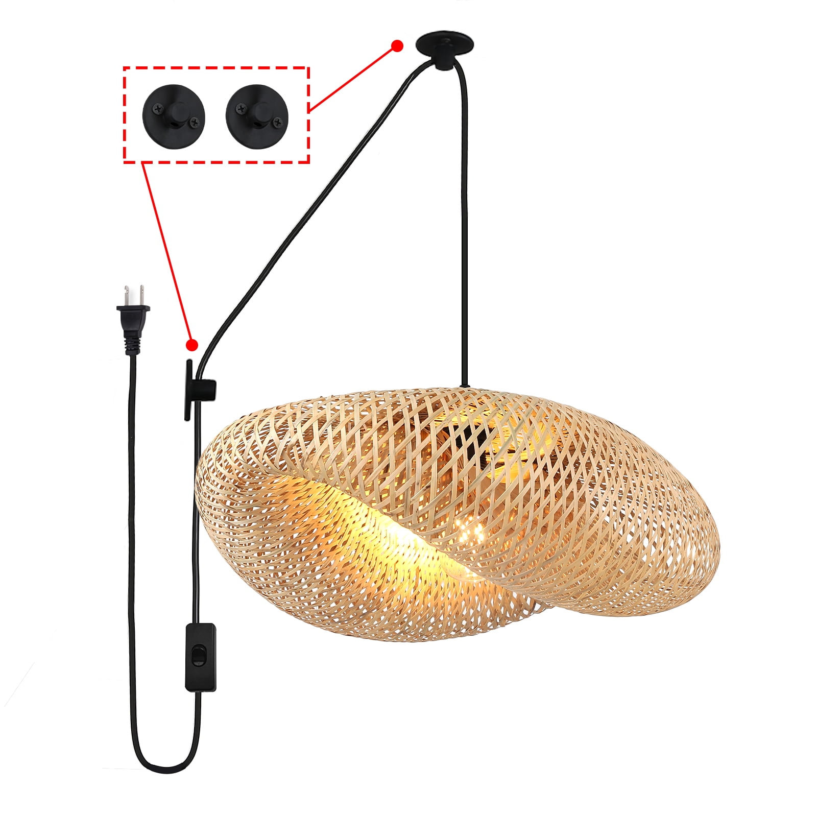 Woven Bamboo Plug in Pendant Light for Kitchen Island, Industrial Wicker Ceiling Hanging Lamp, Rattan Lamp Shade Basket Chandelier Bamboo Light Fixture for Living Room Dining Room Bar Restaurant