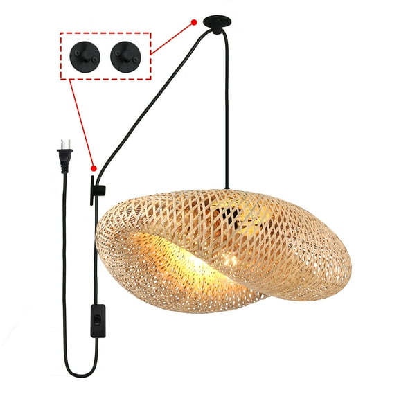 Woven Bamboo Plug in Pendant Light for Kitchen Island, Industrial Wicker Ceiling Hanging Lamp, Rattan Lamp Shade Basket Chandelier Bamboo Light Fixture for Living Room Dining Room Bar Restaurant