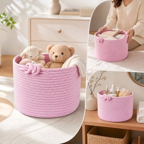 Woven Basket, Cotton Rope Shelf Storage Basket, Decorative Round Bin for Nursery Bedroom Bathroom, 9.5" x 7.1" Empty Gift Basket