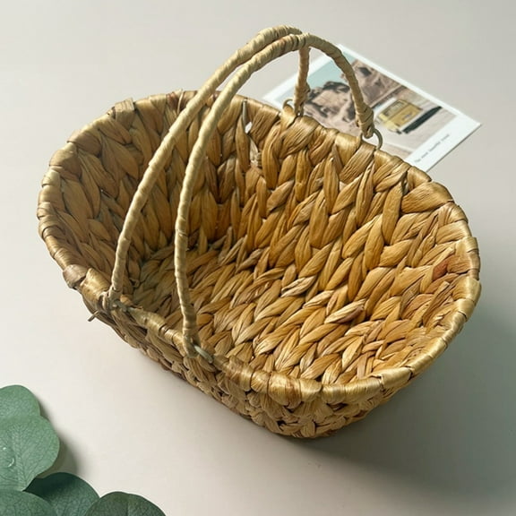 Woven Basket,Gourd Grass Woven Storage Basket,Fruit Picnic Serving Baskets with Folding Handle,Durable Candy Eggs Sundries Basket,Home Supplies Baskets for Wedding Party Decoration