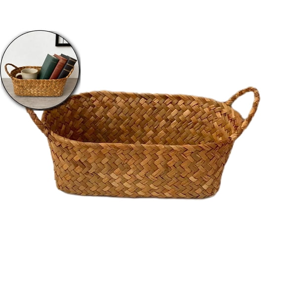 Woven Basket with Handle, Wicker Storage Basket, Oval Rattan Woven Shelf Basket for Organizing, Storage Bin Organizer for Fruit Kitchen Living Room Bedroom Bathroom Tabletop