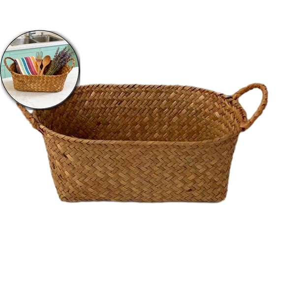 Woven Basket with Handle, Wicker Storage Basket, Oval Rattan Woven Shelf Basket for Organizing, Storage Bin Organizer for Fruit Kitchen Living Room Bedroom Bathroom Tabletop