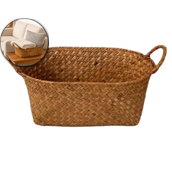 Woven Basket with Handle, Wicker Storage Basket, Oval Rattan Woven Shelf Basket for Organizing, Storage Bin Organizer for Fruit Kitchen Living Room Bedroom Bathroom Tabletop