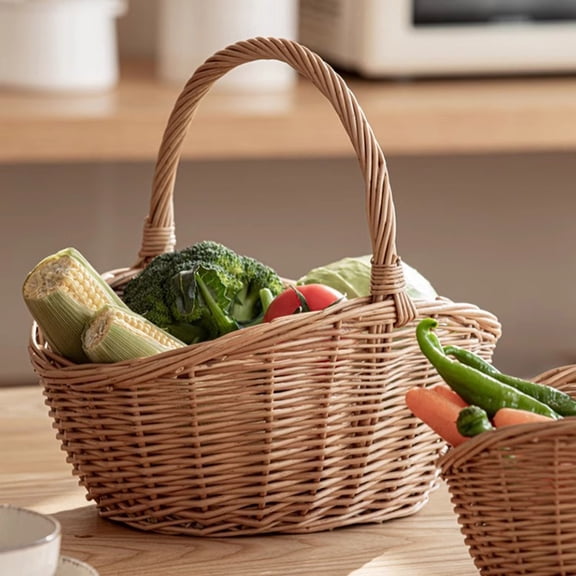 Woven Basket with Handles, Handmade Portable Sturdy Wicker Picnic Basket with Handle,Empty Woven Natural Willow Baskets with Handles for Weddings Garden Easter Camping Outdoor