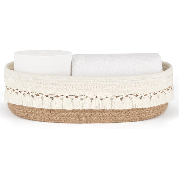 Woven Basket Macrame Storage Basket for Toilet Tank Top Boho Decor Toilet Paper Basket for Bathroom Organizing, Toilet Tank Tray for Counter Table Bedroom Living Room Nursery