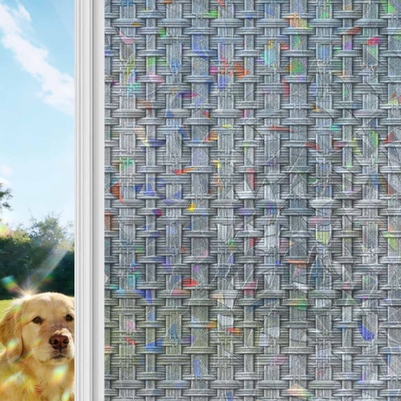 Woven Basket Rainbow Window Privacy Film, Rustic Minimalist Slate Gray Textured Weave Lattice Stained Glass Window Film, Sun Blocking Glass Clings Non Adhesive Door Stickers 17.7 x 39.3 Inches