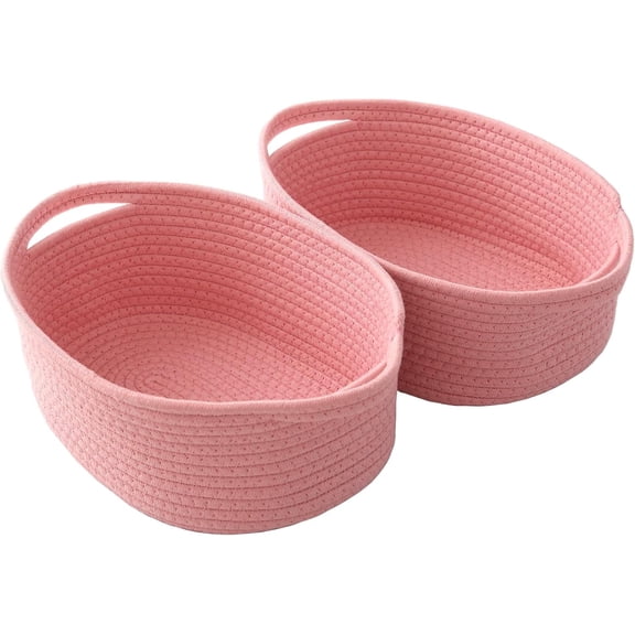 Woven Basket,Small Rope Storage Bin with Handles & Ribbon Bag, Organizer for Shelves Closets,Gift Basket Empty for Birthday,Books,Dog Toys, Pink/2 Pack