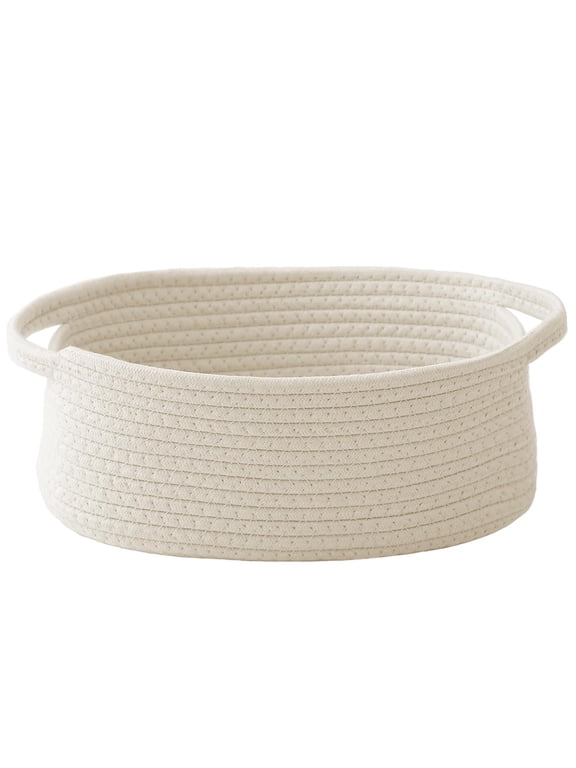 Woven Basket,Small Rope Storage Bin with Handles & Ribbon Bag, Organizer for Shelves Closets,Gift Basket Empty for Birthday,Books,Dog Toys,White