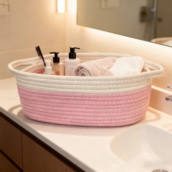 Woven Basket Storage Organizer, Fabric Rope Handmade Gift Basket with Soft Handle for Home Decor, Wardrobe, and Pantry Organization