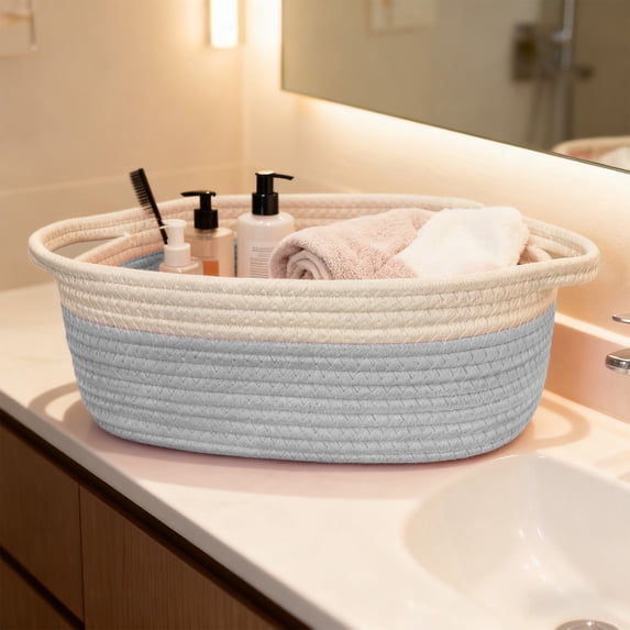Woven Basket Storage Organizer, Fabric Rope Handmade Gift Basket with Soft Handle for Home Decor, Wardrobe, and Pantry Organization