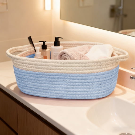 Woven Basket Storage Organizer, Fabric Rope Handmade Gift Basket with Soft Handle for Home Decor, Wardrobe, and Pantry Organization