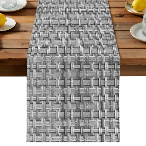 Woven Basket Table Runner, Rustic Minimalist Slate Gray Textured Weave Lattice Cotton Linen Kitchen Dining Table Runner Home Decor for Party Festival Holiday Decoration Gift 13x36in