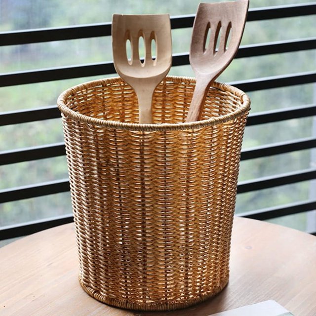Woven Basket Trash Can Round Rattan Waste Basket with Lid Planter Woven