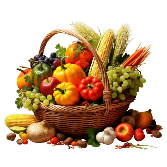 Woven Basket with Assorted Artificial Fruits and Vegetables Decorative Centerpiece for Home Kitchen Dining Display