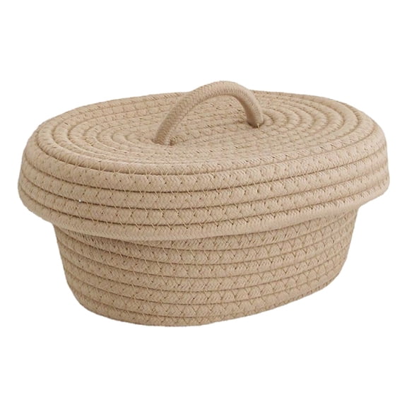 Woven Baskets Cotton Knitting Basket with Lid Small Basket Grey Baskets Desktop Sundries Cosmetics Toys Storage Basket Khaki