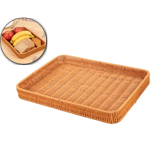 Woven Baskets Serving Trays with Handles, Plastic Imitation Wicker Bread Basket Rectangular Platters for Fruit, Vegetables, Breakfast, Snacks, Dining Coffee Table