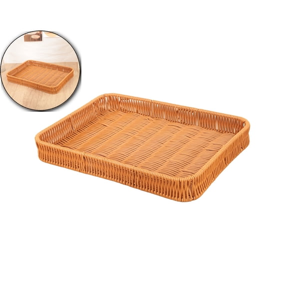 Woven Baskets Serving Trays with Handles, Plastic Imitation Wicker Bread Basket Rectangular Platters for Fruit, Vegetables, Breakfast, Snacks, Dining Coffee Table