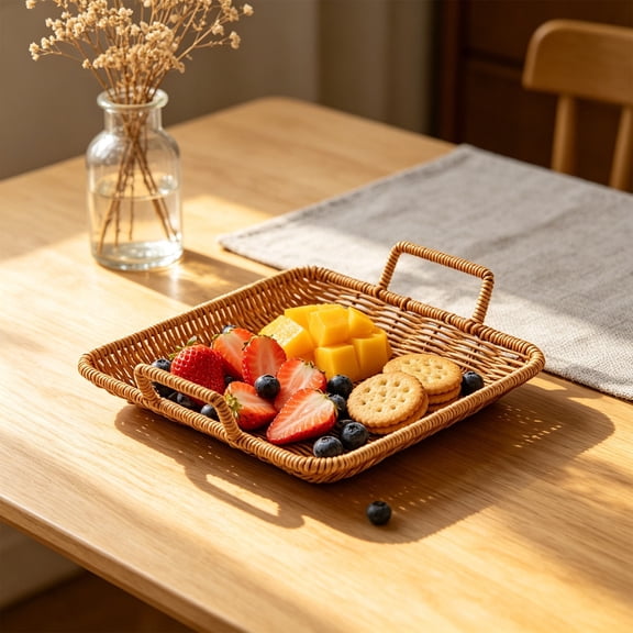 Woven Baskets Serving Trays with Handles, Plastic Wicker Bread Baskets, Rectangular Platters for Fruit, Vegetables, Breakfast, Snacks, Dining Coffee Table, 3 Sizes