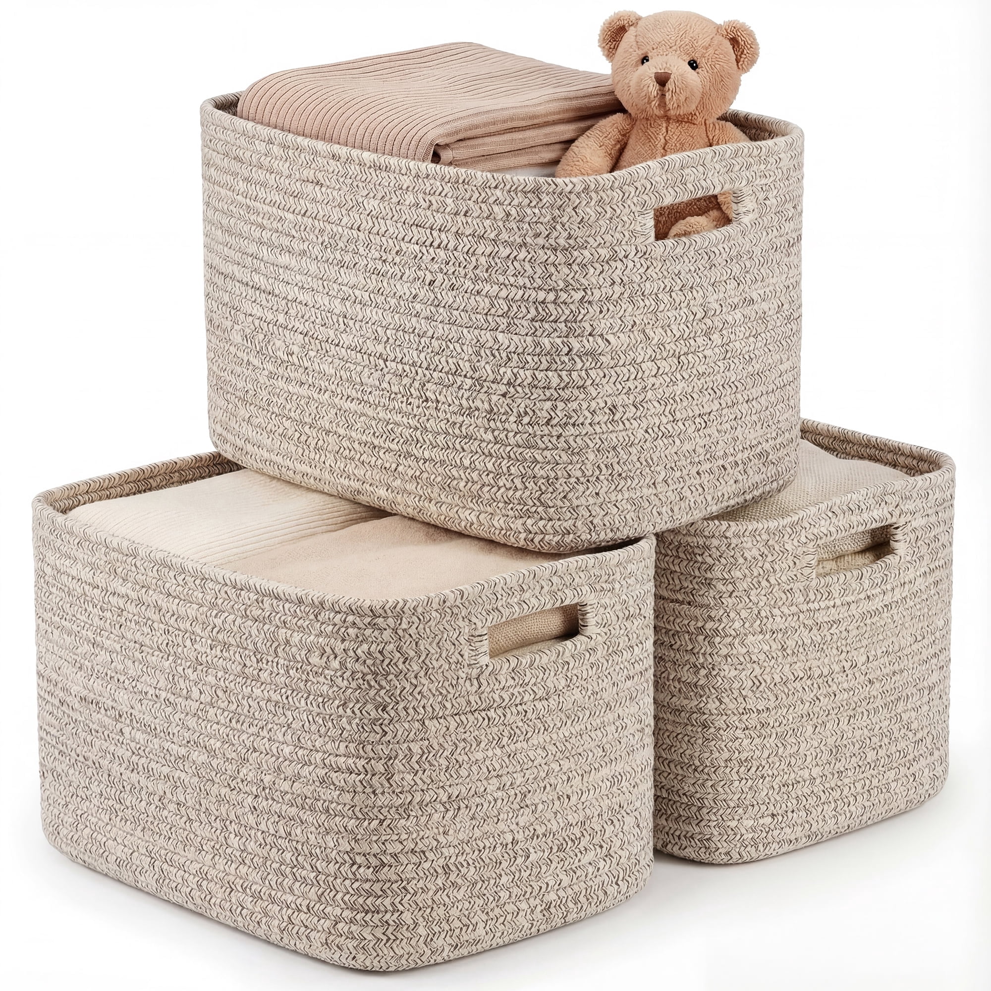 XUEYU 3 Pack Woven Baskets, 11"x11"x9" Cotton Rope Baskets, 18L Blanket Baskets for Storage, Cube Bin Square Shelves Organizer, Toy Basket or Storage Bins for Living Room, Baby Nursery(Oatmeal Brown)