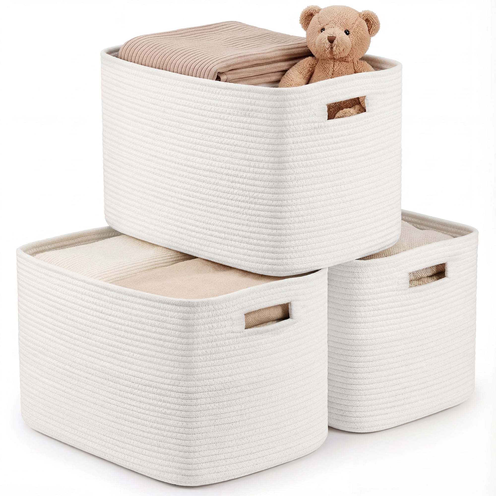 XUEYU 3 Pack Woven Baskets , 11”x11”x9” Cotton Rope Baskets, 18L Blanket Baskets for Storage, Cube Bin Square Shelves Organizer, Toy Basket or Storage Bins for Living Room, Baby Nursery(White)