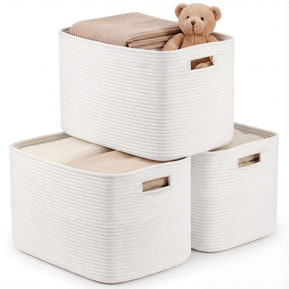 XUEYU 3 Pack Woven Baskets , 11”x11”x9” Cotton Rope Baskets, 18L Blanket Baskets for Storage, Cube Bin Square Shelves Organizer, Toy Basket or Storage Bins for Living Room, Baby Nursery(White)