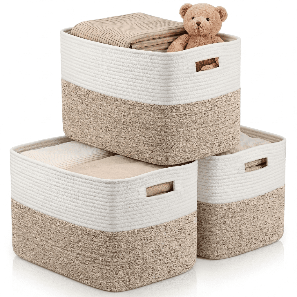 XUEYU 3 Pack Woven Baskets, 11"x11"x9" Cotton Rope Baskets, 18L Blanket Baskets for Storage, Cube Bin Square Shelves Organizer, Toy Basket or Storage Bins for Living Room, Baby Nursery (Brown&White)
