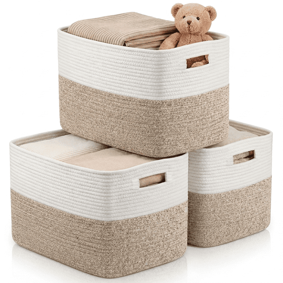 XUEYU 3 Pack Woven Baskets, 11"x11"x9" Cotton Rope Baskets, 18L Blanket Baskets for Storage, Cube Bin Square Shelves Organizer, Toy Basket or Storage Bins for Living Room, Baby Nursery (Brown&White)
