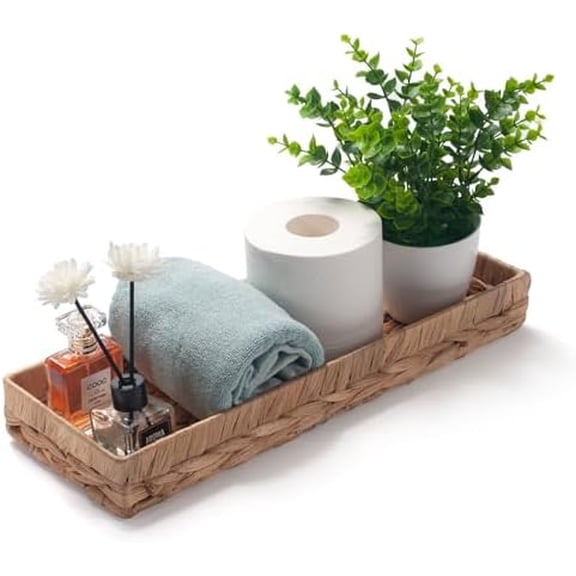 Woven Bathroom Vanity Tray for Storage Water Hyacinth Back of Toilet Basket Long Narrow Guest Towel Holder (Natural 16.3 x 6.1 x 2 inch)