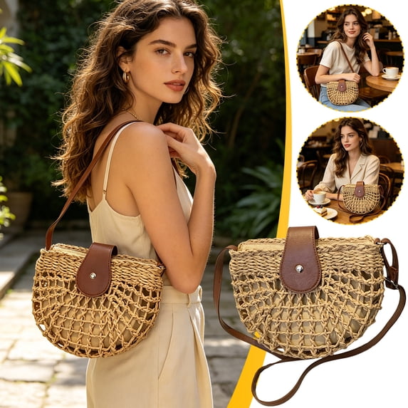 Woven Beach Crossbody Bag, Straw Small Saddle Shoulder Underarm Design, Bohemian Summer Vacation Handbag, Bag for Beach Vacation Travel Daily Use