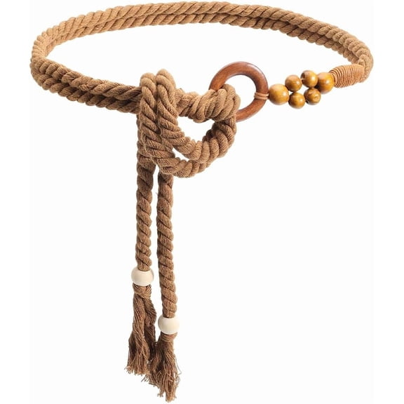 Woven Belt Boho Women Belt Brown Handmade Tassel Cotton Weaving Knotted Macrame Bead Ring Apparel Decorative Long Waist Wrap Skinny Chain for Women Lady Dress Cloth Skirt diy