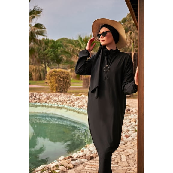 Woven Black Burkini Modest Swimwear M2402