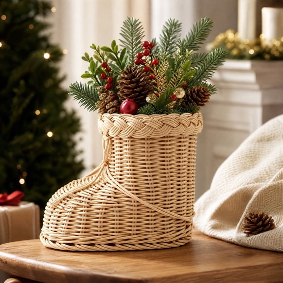 Woven Boot Vase, Indoor Outdoor Christmas Decorations, Imitation Rattan Santa Boot Flower Basket, 4.7in Wide Opening, Rustic Farmhouse Tabletop Decor for Pinecones, Dried Flowers, Holiday Gift