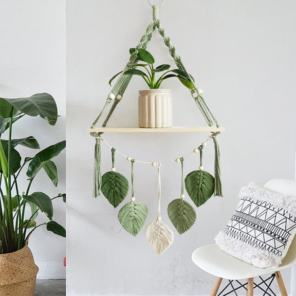 Woven Botanical Shelf Macrame Wall Hanging Shelf, Boho Timber Floating Shelf for Plants, Indoor Wall Storage Display Rack for Home Ornament, Green