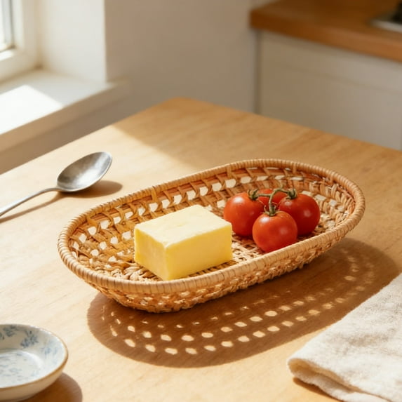 Woven Bread Basket - Natural Wood Grain, Rustic Kitchen Decor, Countertop Organization, for Fruit Snacks and Dining Table Display