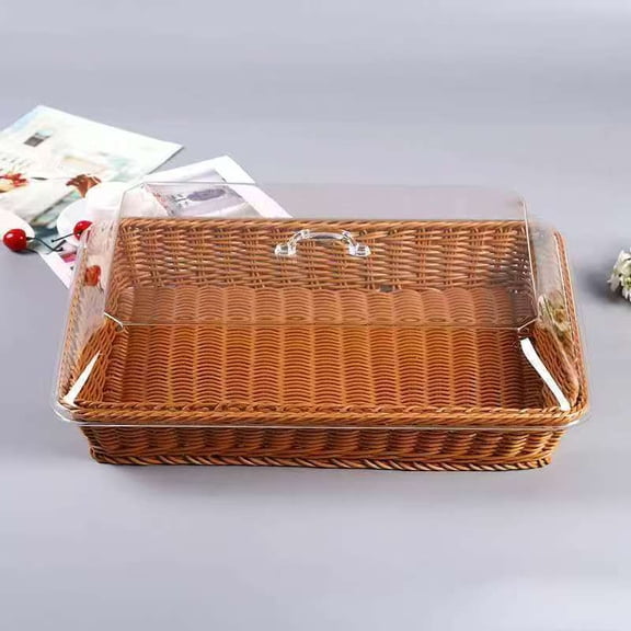Woven Bread Basket with Acrylic Lid, Large Rectangular Serving Basket with Clear Cover for Kitchen Counter(XX)