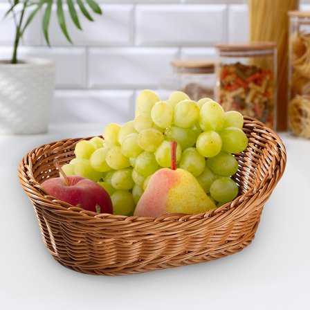 Woven Breads Baskets, Oval Small Fruit Baskets, Stackable Plastic Wicker Baskets for Serving Vegetables, Kitchen, Restaurant, Outdoor, Imitation Rattan, 1 Pcs, 7.48x5.11x2.75"