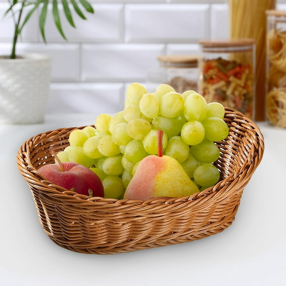 Woven Breads Baskets, Oval Small Fruit Baskets, Stackable Plastic Wicker Baskets for Serving Vegetables, Kitchen, Restaurant, Outdoor, Imitation Rattan, 1 Pcs, 7.48x5.11x2.75"