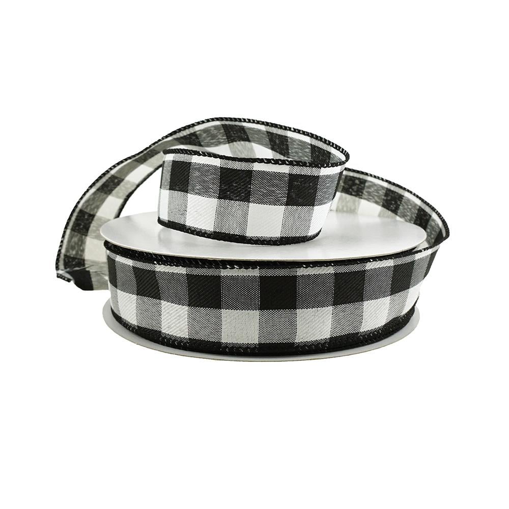 HOMEFORD Woven Buffalo Plaid Wired Ribbon, 1-1/2-Inch, 50-Yard, White