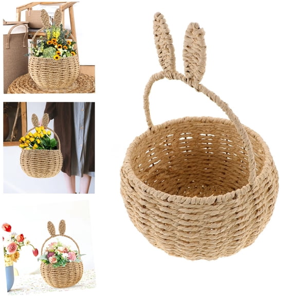 Woven Bunny Basket with Rabbit Ears Handwoven String Picnic Storage Basket for Easter Egg Hunt Party Decoration and Home Organizer